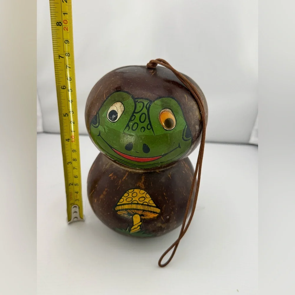 Vintage Handcrafted Wind Chime Coconut Shell Frog & Mushroom